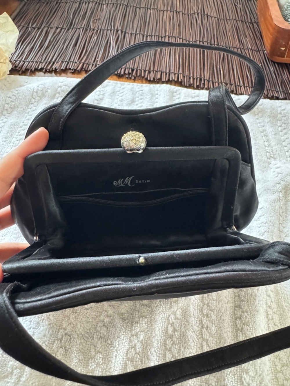 Black Satin Wristlet Clutch with Decorative Button